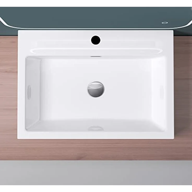 Mai & Mai Breite: 60cm Waschbecken Aufsatz-Waschschale Hänge-Becken Mineralguss in weiß 1 Armaturenloch Bad Eckig Col06 – Bild 4