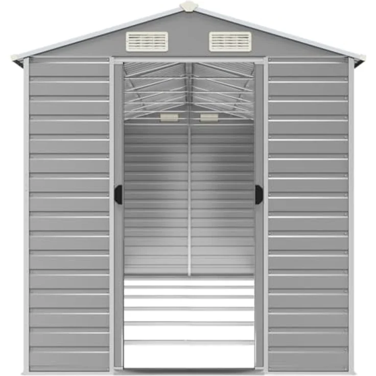 vidaXL Gerätehaus, Gartenhaus mit Schrägdach Griffe, Gartenschuppen Schuppen mit Stauraum, Geräteschuppen Metallschuppen, Hellgrau 191x555x198 cm Verzinkter Stahl – Bild 5