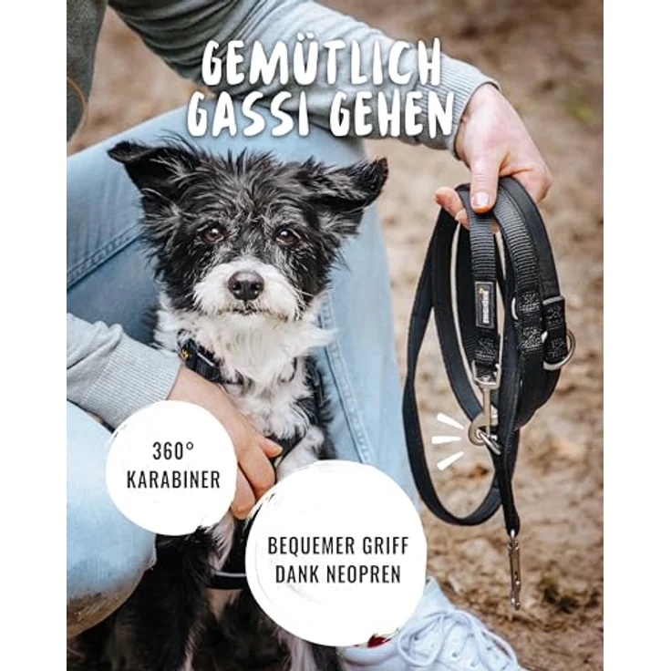 Rudelkönig Führleine Bella, 2,30m verstellbare gepolsterte Hundeleine für kleine Hunde, schwarz, leicht und robust – Bild 4