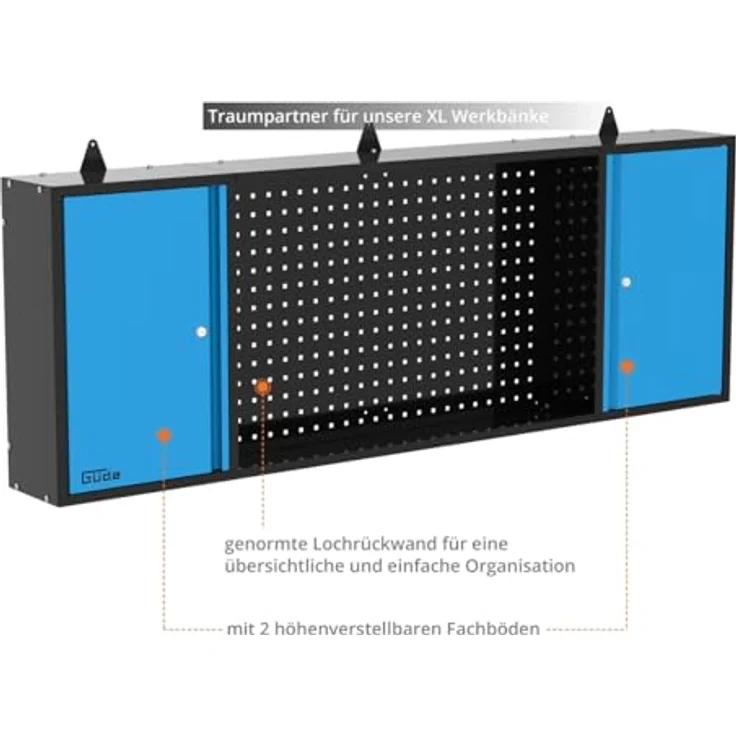 Güde Wandschrank GWS 2T/L XL, 2-türiger Werkzeugschrank mit 2 höhenverstellbaren Fachböden und integrierter Lochwand aus pulverbeschichtetem Stahlblech – Bild 3