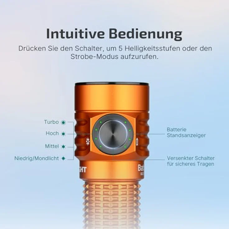 OLIGHT Baton Turbo, kleine Taschenlampe mit 1000 Lumen, 510 Meter Leuchtweite, wiederaufladbar, 50 Tage Laufzeit, 91g, orange, 5 Lichtmodi – Bild 5