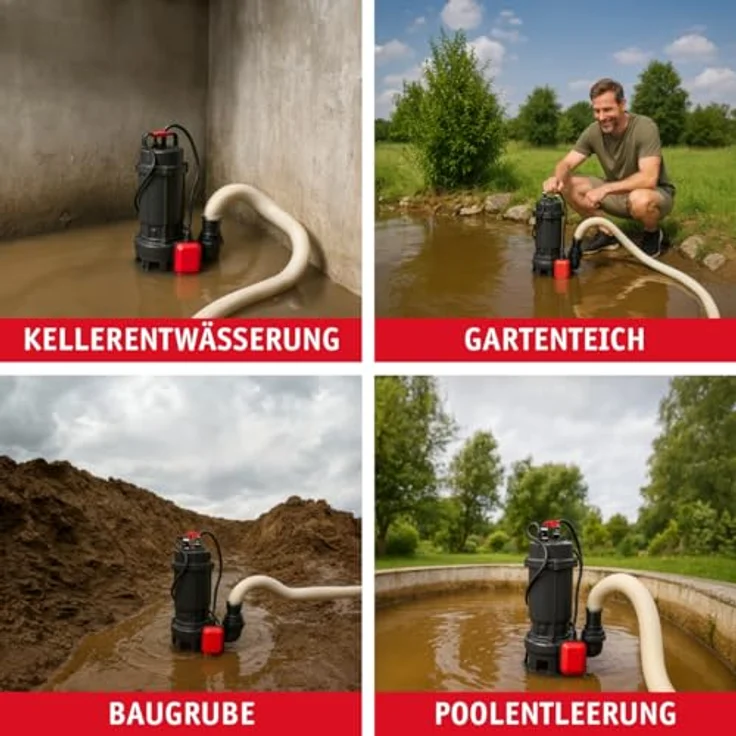 WALTER Schmutzwassertauchpumpe mit Schneidwerk, 1100W, 21.000l/h Fördermenge, max. 15m Förderhöhe, 20m C-Schlauch, 8m Anschlusskabel, Thermoschutz – Bild 4