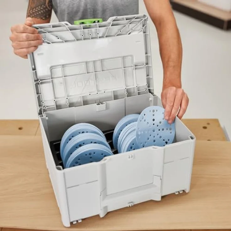 Festool Schleifmittel-Systainer³ SYS-STF D150 GR-Set Granat, Schleifscheiben für VOC Lacke und harte Untergründe, staubarmes Arbeiten, 49 Loch Absaugung, 20 x verschiedene Körnungen, SYS3 M 237 – Bild 2