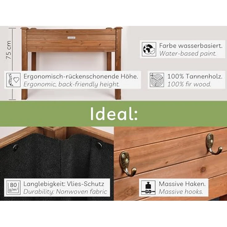 needs&wants® Growy3 Hochbeet aus Holz dunkel-braun, rechteckig schmal mit Vlies-Folie, Metall-Haken, 80 Liter Volumen – Bild 3