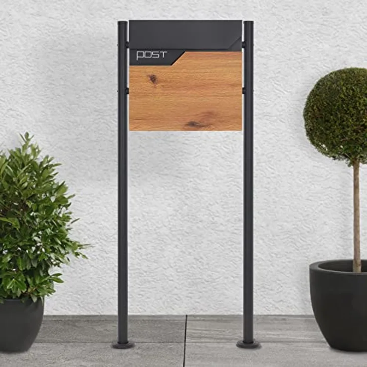 ECD Germany Standbriefkasten mit Zeitungsfach, Design Briefkasten mit Pfosten, Briefkastenanlage, Briefkastenständer Anthrazit Edelstahl pulverbeschichtet, Postkasten Anthrazit-Holzoptik Edelstahl
