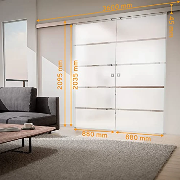 inova Doppel Glas-Schiebetür 2-Flügelig, 1760 x 2035 mm, satiniertes Blockstreifen-Dekor, Aluminium Komplettset mit Lauf-Schiene und beidseitiger Softclose – Bild 2