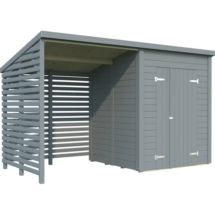 Palmako Gerätehaus Leif 3,0 m² + 2,9 m² Anbau, 16 mm hellgrau lackiert, inkl. Fußboden