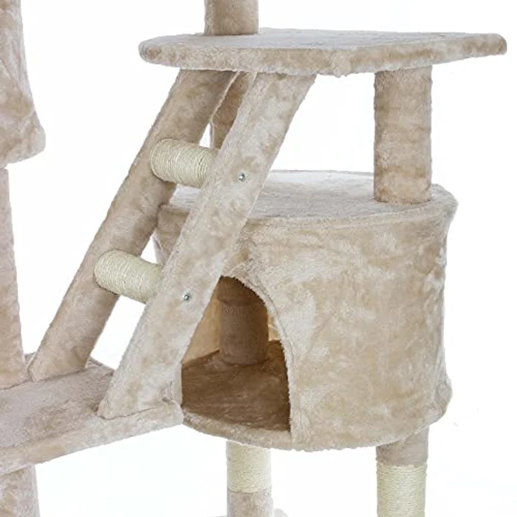HAPPYPET Kratzbaum deckenhoch 260 cm hoch, höhenverstellbar von 230-260 cm, großer XXL Kletterbaum Katzenbaum für Katzen, 8 cm stabile Säulen mit Sisal, Häuser mit Treppen Liegemulden, Beige – Bild 4