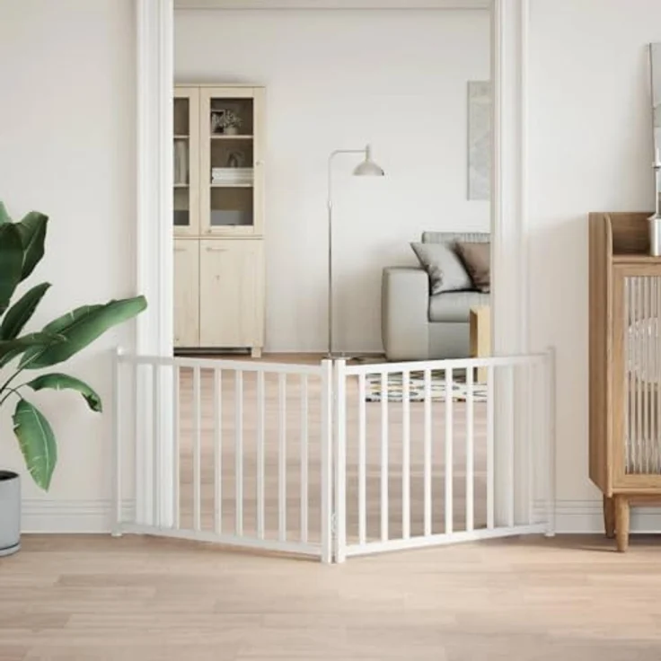 vidaXL Hundetor 3-TLG., Hundegitter Faltbar Pflegeleicht, Schutzgitter für Wohnzimmer Küche Treppe, Haustiertor Türschutzgitter, Weiß Massivholz Tanne – Bild 4