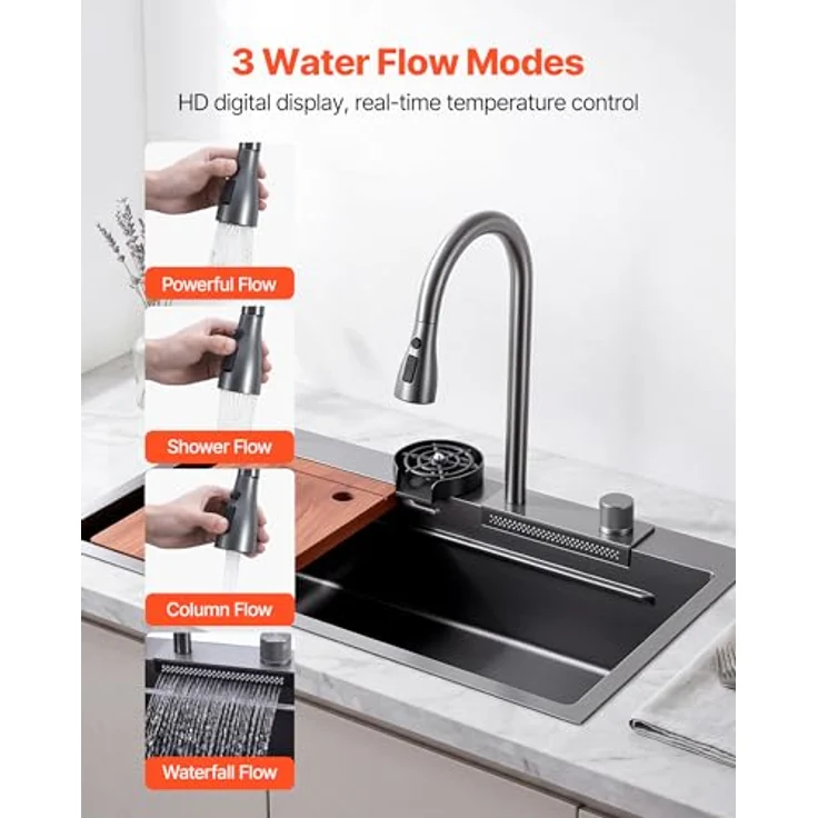 VEVOR Einbauspüle 850 x 460 x 236 mm, Edelstahlspülbecken mit PVD-Nano-Schwarzbeschichtung, Wasserfallarmatur & Schneidebrett, Einzelbecken für Wohnmobil, Vorbereitungsküche, Waschküche & Bar – Bild 3