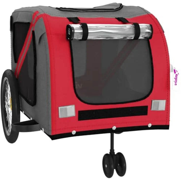 vidaXL Hunde-Transportbox Fahrradanhänger Hunde Rot und Grau Oxford-Gewebe und Eisen, mit PVC-Dach und Reflektoren – Bild 6
