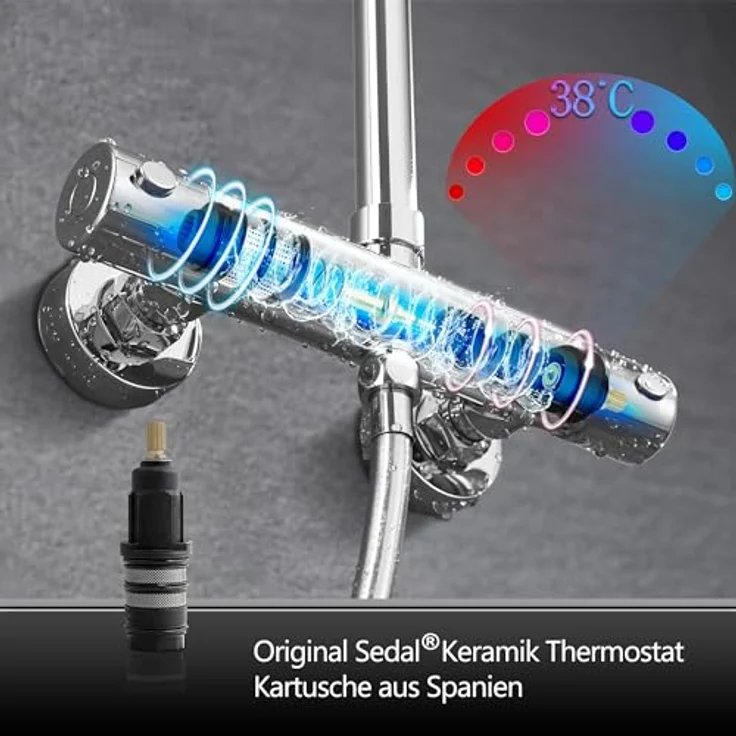 Görbach Regendusche Duschsystem mit Thermostat, 30x30 cm Kopfbrause aus Edelstahl, verstellbare Wandhalterung, Chrom – Bild 4