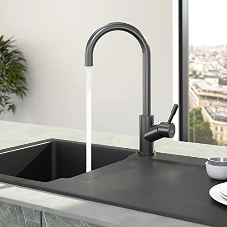 Villeroy & Boch Umbrella Küchenarmatur, Hochdruck, Wasserhahn Küche mit Keramikkartusche und 360° Schwenkbereich, Spültischarmatur wassersparend, Auslauf Höhe 275mm, Anthracite – Bild 2