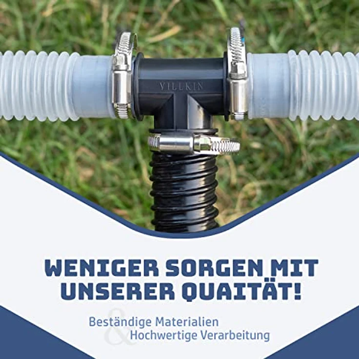 Villkin T-Schlauchverbinder Set 32mm, T-Stück Adapter mit 3 Edelstahl-Schlauchschellen für Pool, Teich & Pumpen – Bild 2
