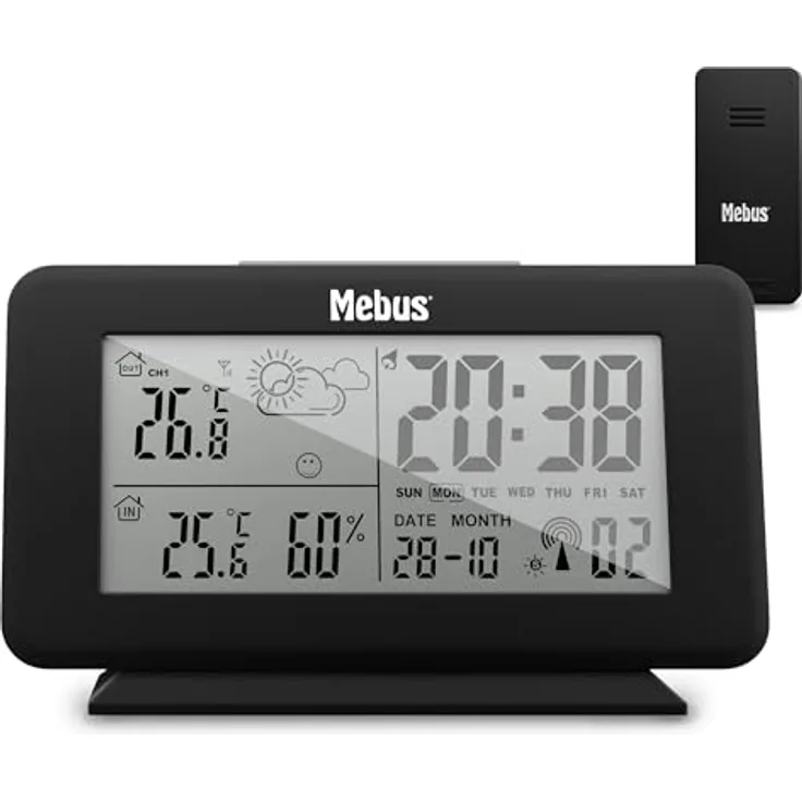 Mebus Digitale Funk-Wetterstation 40689, Wettervorhersage, Außensensor, Thermometer innen und außen, Kalender, backgroundbeleuchtung, Schwarz