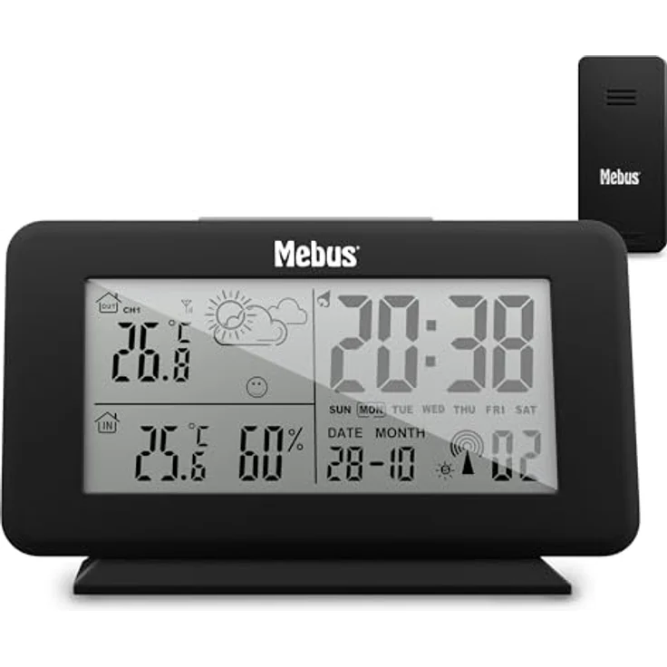 Mebus Digitale Funk-Wetterstation 40689, Wettervorhersage, Außensensor, Thermometer innen und außen, Kalender, backgroundbeleuchtung, Schwarz – Bild 1
