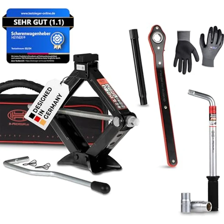 HEYNER® Ultra Lift L PRO, Scherenwagenheber Set mit drehbarem Sattel, Radmutternschlüssel und Montagehandschuhe, Black Edition, GS-geprüft – Bild 1