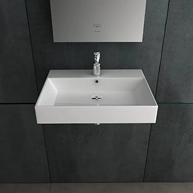 Alpenberger Aufsatzwaschbecken 60 cm Breit für Badezimmer | Keramik Handwaschbecken mit Überlauf | Waschtisch als Aufsatzwaschbecken oder Wandaufhängung | Waschbecken Klein & Eckig für Gäste WC – Bild 3
