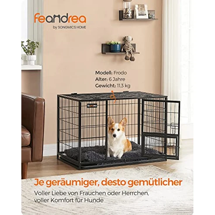 Feandrea Hundekäfig hochbelastbar, Gitterbox, transportabler Haustierkäfig, 92,5 x 57,5 x 64 cm, für kleine, mittelgroße Hunde, sicher, 2 abnehmbare Türen, Welpenauslauf, L, tintenschwarz – Bild 3