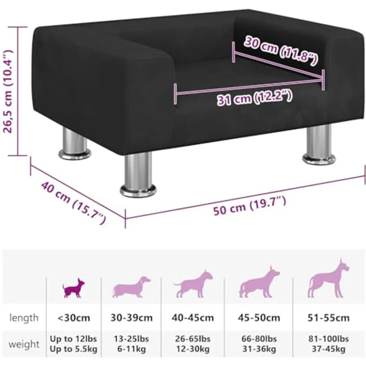 vidaXL Hundematratze, Samtbezug, massives Kiefernholz, 50 x 40 x 26,5 cm, Schwarz – Bild 3
