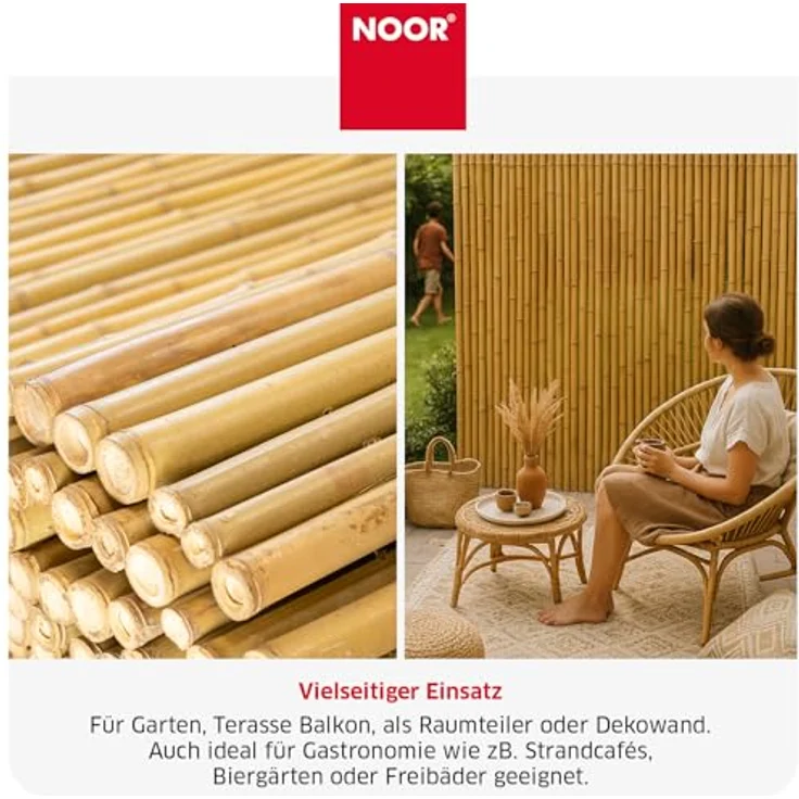NOOR Bambusmatte Deluxe, Natürlicher Sichtschutz aus 40 mm ⌀ naturbelassenem Bambus, wetterfest, 200 x 200 cm für Balkon, Terrasse & Garten – Bild 5