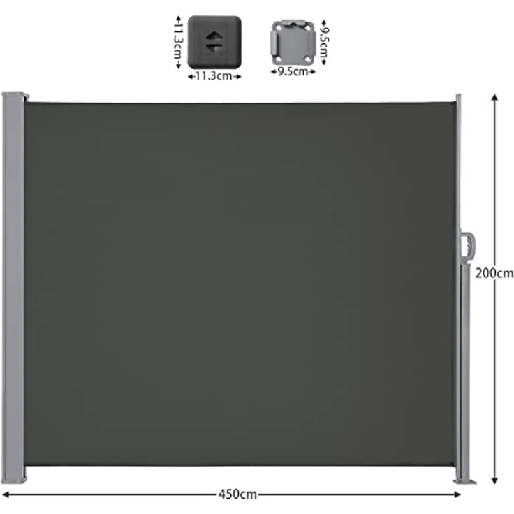 LARMNEE Seitenmarkise, 200 x 450 cm, Rostbeständig, Ausziehbar, Blickdicht, Dunkelgrau, für Balkon, Terrasse, Garten – Bild 2