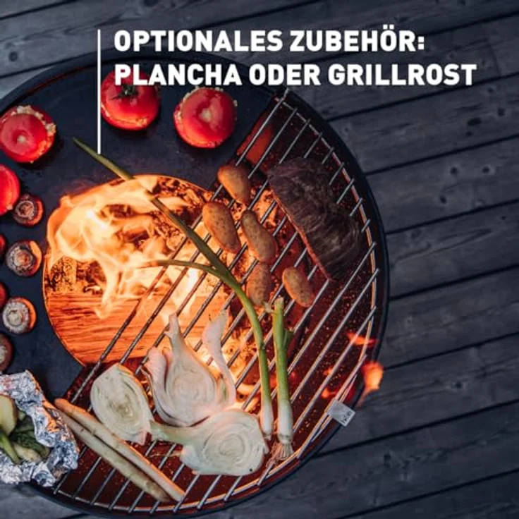 höfats Bowl 57 Feuerschale mit Edelstahl Sternfuß - raucharme Verbrennung - Feuerstelle mit Plancha Grillplatte und Grillrost nutzbar - kippbarer Feuerkorb, schwarz, Ø 57 cm – Bild 4