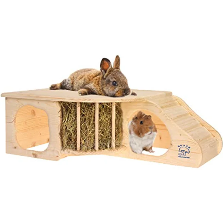 Resch Nagerhöhle Nr11 XL, naturbelassenes Massivholz aus Fichte mit Treppe zur Liegeterasse, integrierter Heuraufe, großen Eingängen und gerundeten Ecken, 60 x 19,7 x 37cm