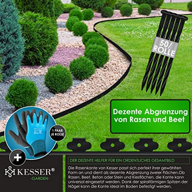 KESSER® Flexible Rasenkante aus Kunststoff Länge 30m Höhe 5cm, mit 150 Erdanker + 3 Paar Handschuhe, Beeteinfassung Beetumrandung Beetbegrenzung Mähkante Pflastersteine Palisade – Bild 4