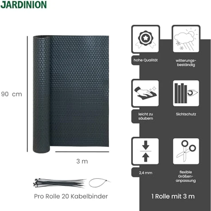 Jardinion Sichtschutzmatte Rattan Optik 0,90 x 3m Anthrazit, wetterfest und pflegeleicht für Balkon, Gartenzaun und Terrasse, inkl. Kabelbinder – Bild 3