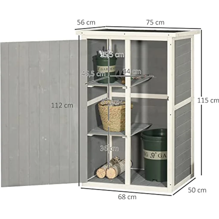 Outsunny Gartenhaus Gerätehaus Geräteschuppen mit Regalböden Geräteschuppen Lagerschuppen für Garten Tanne Schwarz+Grau+Weiß 75 x 56 x115 cm – Bild 3