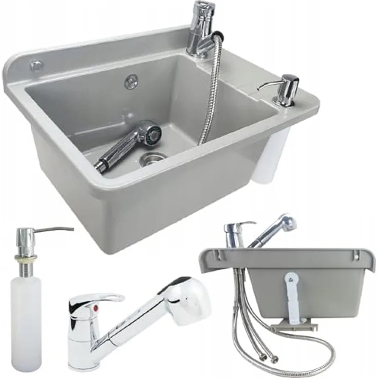 QLS Waschbecken, Ausgussbecken mit Armatur Seifenspender Draußen Grau 50,5x34,5x20 cm