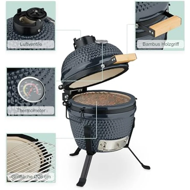Relaxdays Kamado-Grill, Keramikgrill (260 mm) mit präziser Temperaturregelung, integrierten Thermometer und geringen Kohlebedarf – Bild 6