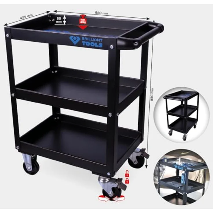 Brilliant Tools BT150900 Service-Wagen, Werkstattwagen mit 3 Ablagen und 40 kg Traglast, pulverbeschichtet, 4 Rollen mit Feststellbremsen, Höhe 85 cm – Bild 3