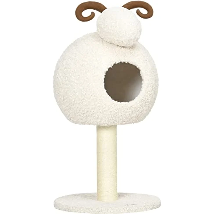 PawHut Kratzbaum, 80 cm, Katzenbaum mit Katzenhöhle, Katzenkratzbaum im Ziegen-Design, Kletterbaum mit Sisalsäule und Plüschrahmen, Katzenmöbel, Cremeweiß – Bild 1