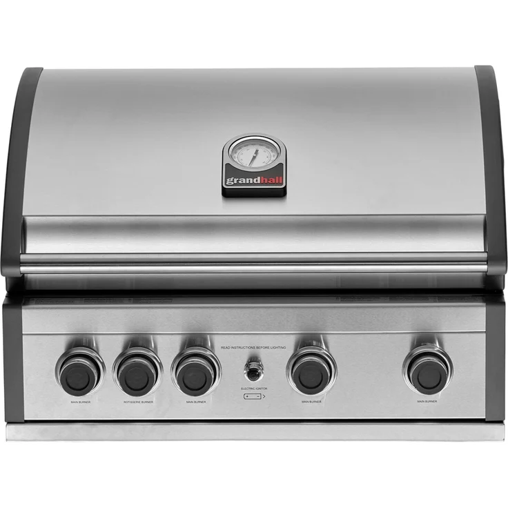 GrandHall Einbau-Gasgrill Pro Elite G4 Built-In Edelstahl 4 Brenner, Gasgrill mit Infrarot-Heckbrenner, Edelstahl Handgriff, Farbe: Edelstahl