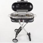 Camp4 Trolley Grill Gasgrill 50mbar Piezo-Zündung 2-Kochplatten BBQ Tischgasgrill Campinggrill Reisegrill, schwarz