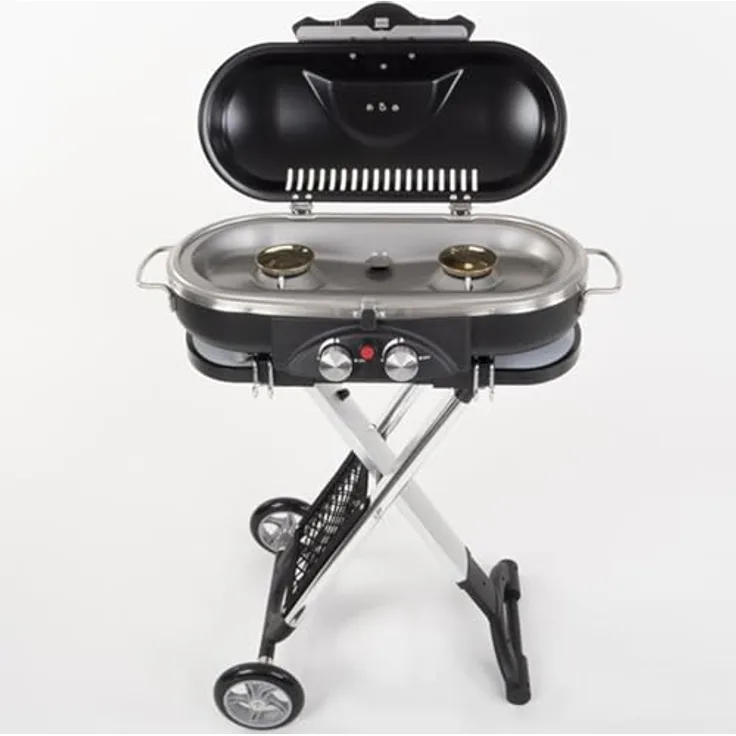 Camp4 Trolley Grill Gasgrill 50mbar Piezo-Zündung 2-Kochplatten BBQ Tischgasgrill Campinggrill Reisegrill, schwarz