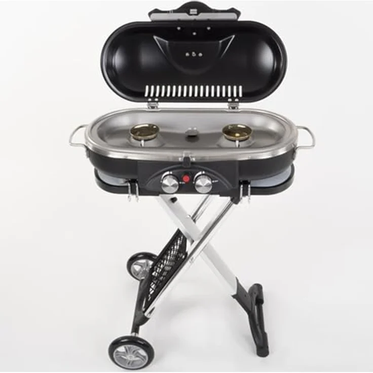 Camp4 Trolley Grill Gasgrill 50mbar Piezo-Zündung 2-Kochplatten BBQ Tischgasgrill Campinggrill Reisegrill, schwarz – Bild 1