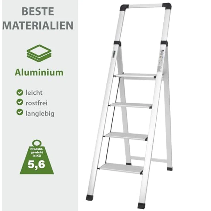 TRUTZHOLM Alu Trittleiter 4-stufig klappbar, bis 150 kg Traglast, TÜV/GS, Anti-Rutsch Trittflächen, silber, 5,6 kg leicht, platzsparend – Bild 2
