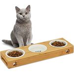 Relaxdays, natur 3er Napfständer Bambus, Keramikschalen Wasser & Futter, spülmaschinenfest, Napfbar Katzen, kleine Hunde, L