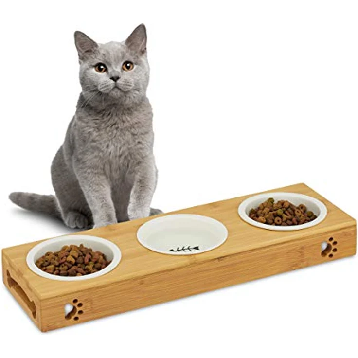 Relaxdays, natur 3er Napfständer Bambus, Keramikschalen Wasser & Futter, spülmaschinenfest, Napfbar Katzen, kleine Hunde, L – Bild 1