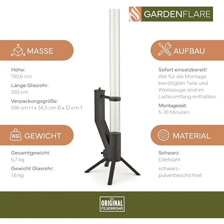 GARDENFLARE Feuerrohr - Edelstahl Feuersäule und Pelletfackel für Tolles Ambiente-Feuer (Schwarz Pulverbeschichtet) – Bild 5