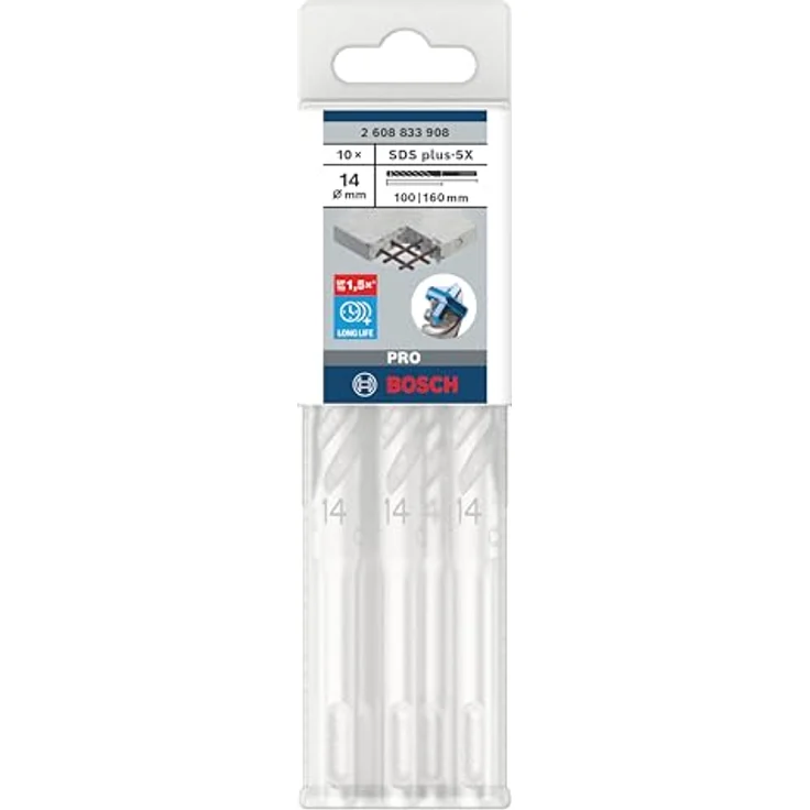 Bosch Pro Hammerbohrer SDS-plus-5X, 14 mm Durchmesser, 100 mm Arbeitslänge, 160 mm Gesamtlänge, 10er Pack für Stahlbeton – Bild 2
