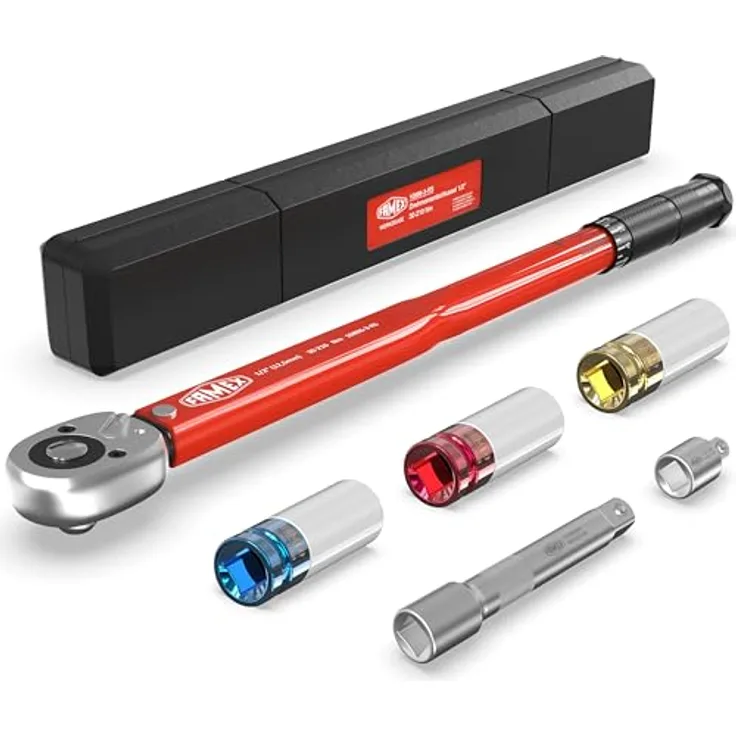 FAMEX 10886-3-RS Drehmomentschlüssel 1/2" (12,5mm) 30-210 Nm - für Auto Motorrad SUV Van - inkl. Verlängerung 3 Stecknüsse/Schoneinsätze