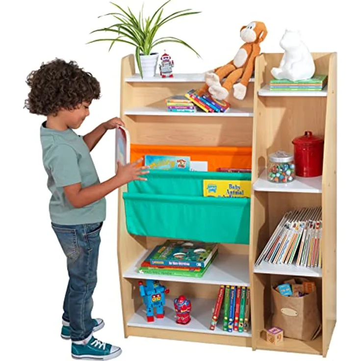 KidKraft Pocket Bücherregal aus Holz mit Aufbewahrungstaschen, Kinderregal mit Aufbewahrungsfächern, Spielzeug-Organizer, Kinderzimmer Möbel, 20309
