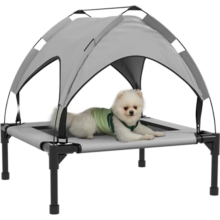 PawHut Erhöhtes Hundebett mit Baldachin, atmungsaktive Outdoor Hundeliege für kleine und mittelgroße Hunde, hellgrau, 76 x 61 x 69,5 cm