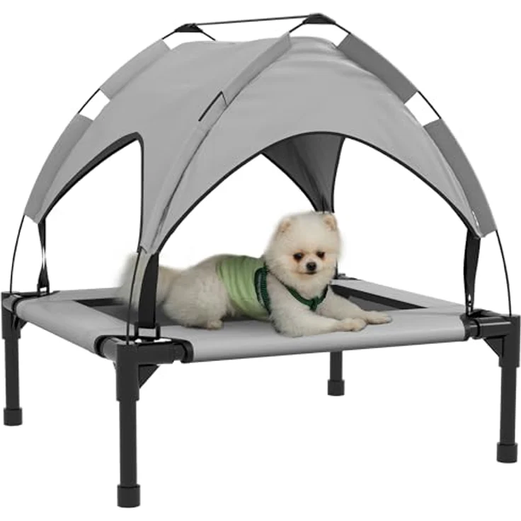 PawHut Erhöhtes Hundebett mit Baldachin, atmungsaktive Outdoor Hundeliege für kleine und mittelgroße Hunde, hellgrau, 76 x 61 x 69,5 cm – Bild 1