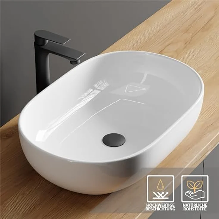 Planetmöbel Aquil Deluxe Waschbecken Oval | Aufsatzwaschbecken für Badezimmer und Gäste-WC | Handwaschbecken ohne Hahnloch und Überlauf | weiß, 60 x 40 x15 cm – Bild 4