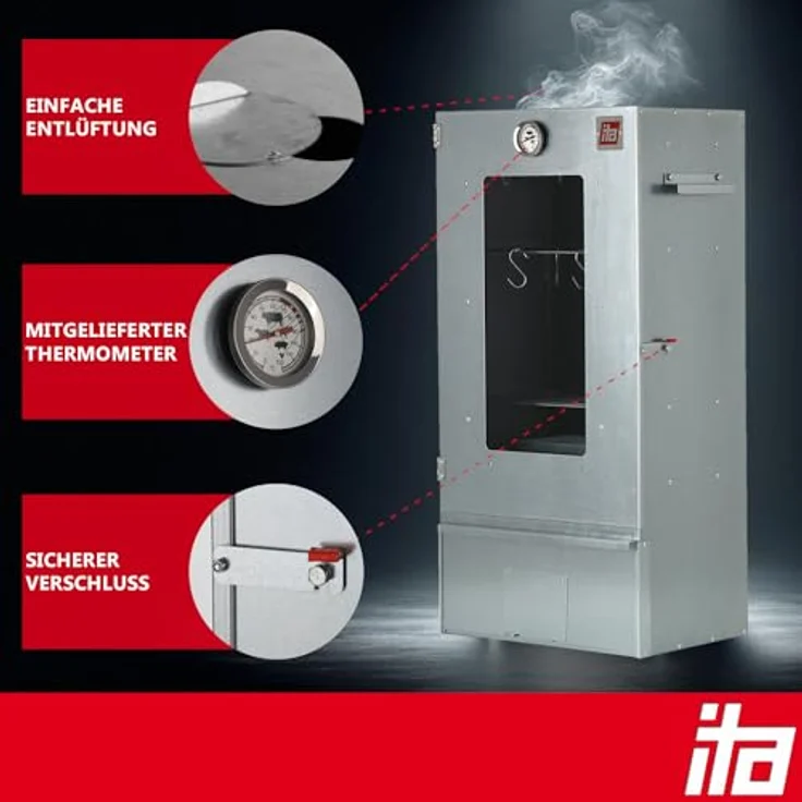 ITA Räucherofen 7000, Premium Räucherschrank aus legiertem Stahl mit 3 Etagen, Sichtfenster & Thermometer, für Kalträuchern & Heißräuchern, EU Qualität – Bild 3